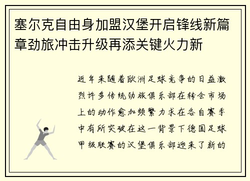 塞尔克自由身加盟汉堡开启锋线新篇章劲旅冲击升级再添关键火力新