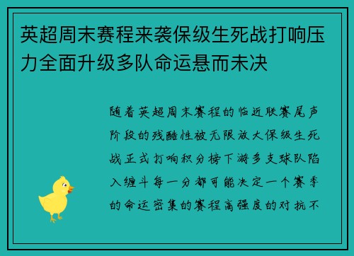 英超周末赛程来袭保级生死战打响压力全面升级多队命运悬而未决