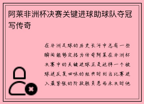 阿莱非洲杯决赛关键进球助球队夺冠写传奇